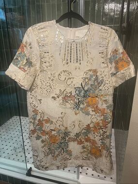 H&M Cream Mini Dress with Orange & Blue Floral Embroidery